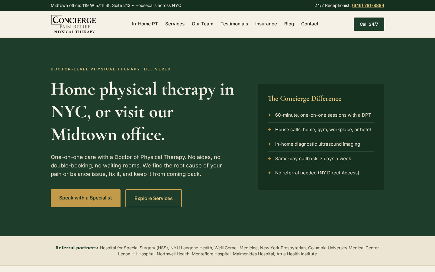 Concierge Pain Relief homepage: deep green hero with serif headline reading Home physical therapy in NYC