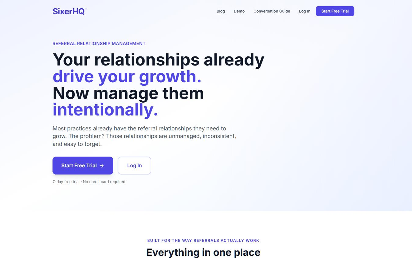 SixerHQ homepage: headline reading Referral Relationship Management for Healthcare Specialists