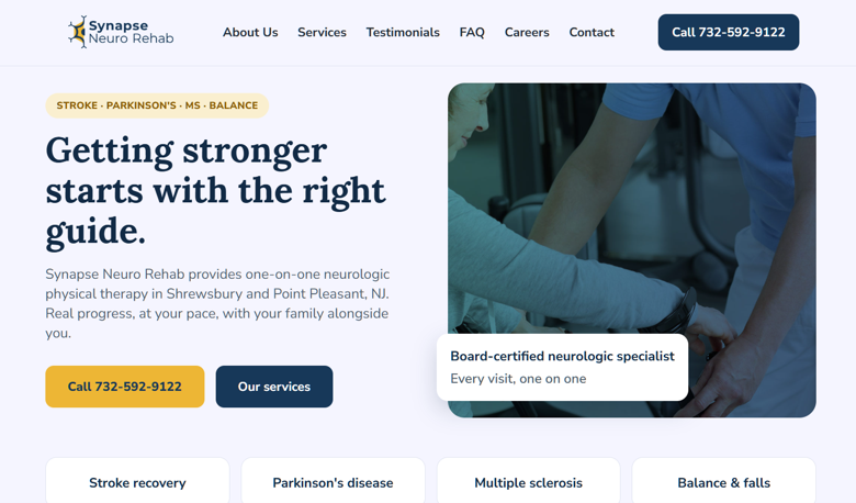 Synapse Neuro Rehab homepage: navy serif headline reading Getting stronger starts with the right guide, beside a photo of a therapist assisting a patient